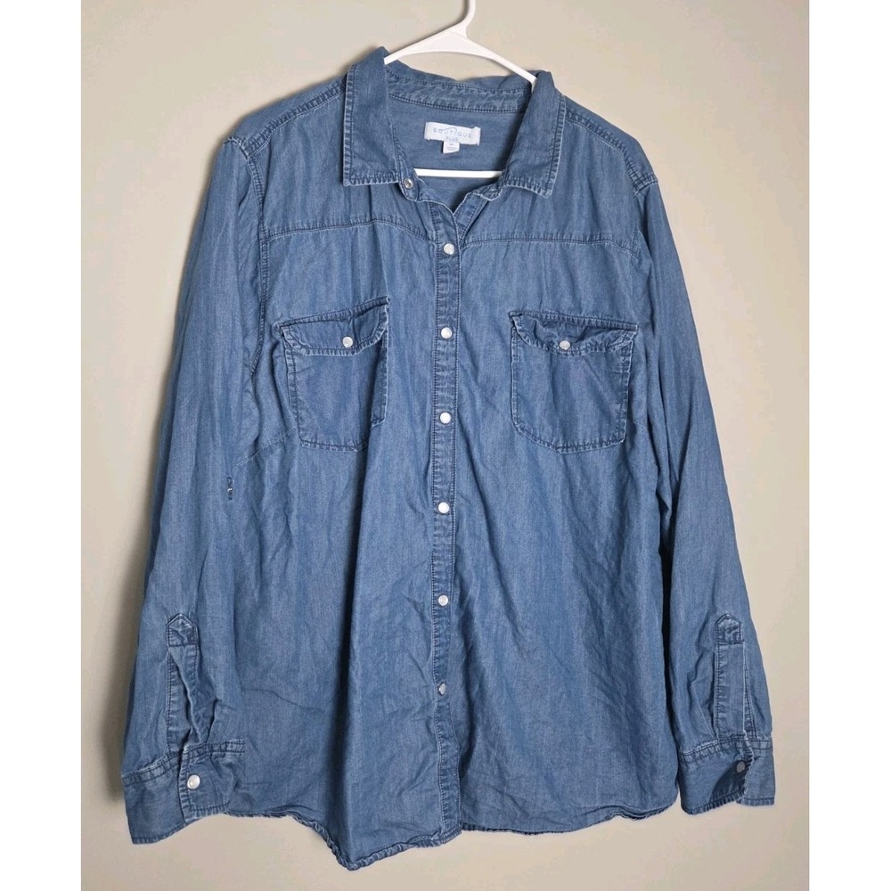 Boutique Plus Denim Pearl Snap Button Down Shirt Size 3X‎ Blue Chambray Western